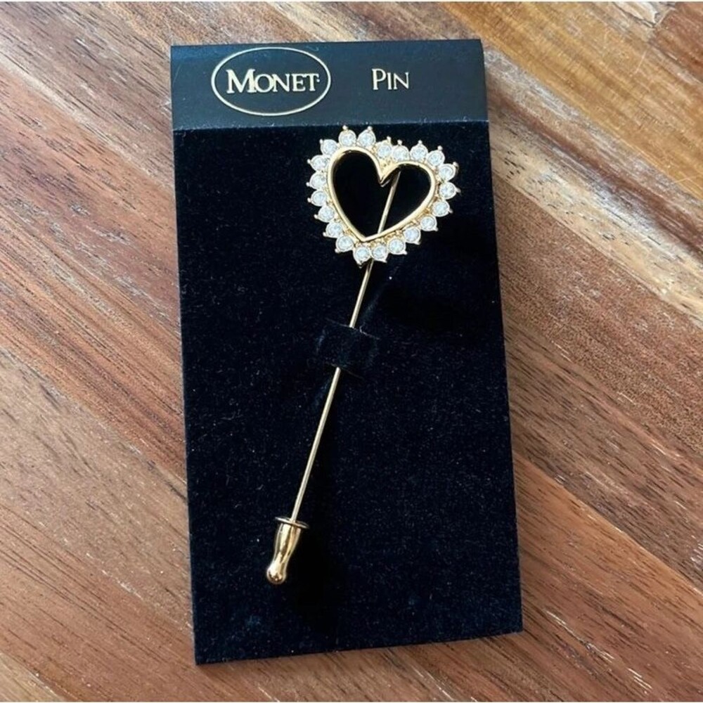 Vintage Monet heart gold crystal stick pin new old stock